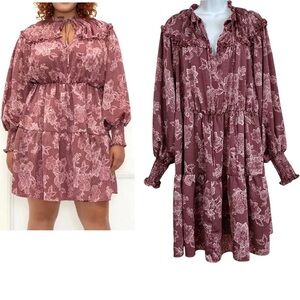 ELOQUII Elements Wine Floral Satin Dress Plus Size 14/16 Ruffle Yoke Long Sleeve